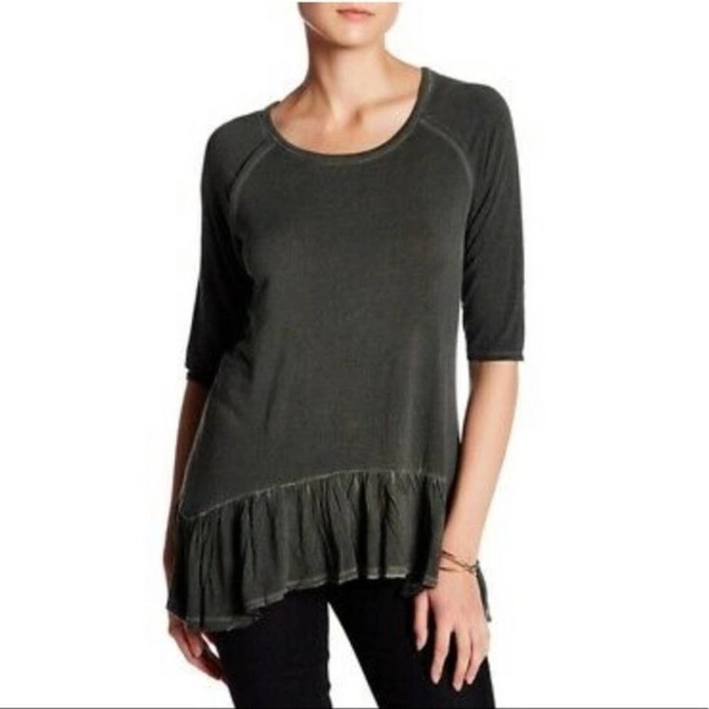 Dantelle Oil Dye Ruffle Hem Tunic Top Green Medium NWT Raglan Sleeve Drop Waist